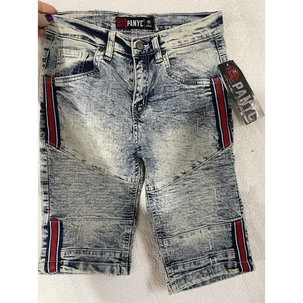 PANYC Boys' Distressed Acid Washed Moto Striped Denim Shorts Size 10 NEW